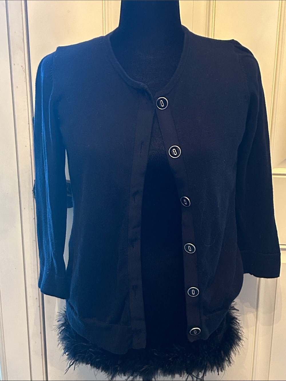Dana Buchman Black Button-Front Cardigan with Feather Trim-XS